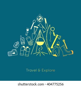 Camping equipment. Travel and explore concept. Black and white lined icons isolated on white. Vector illustration