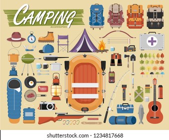 Camping Equipment Vector Collection. . Base Camp Gear And Accessories. Camping Icon Set. Hiking Icons Set. 