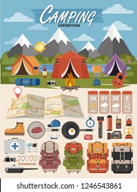 Camping equipment vector collection. . Base camp gear and accessories. Camping icon set. Hiking icons set.