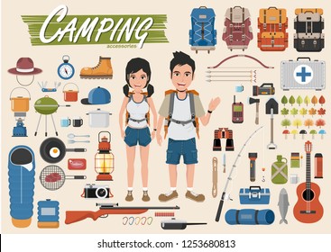 Camping equipment vector collection. . Base camp gear and accessories. Camping icon set. Hiking icons set.