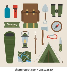 Camping equipment, vector icon symbols