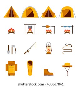 Camping equipment vector icons set. Backpack, tent, knife, lantern, campfire, shoes, hat, rope, fishing rod, sleeping bag