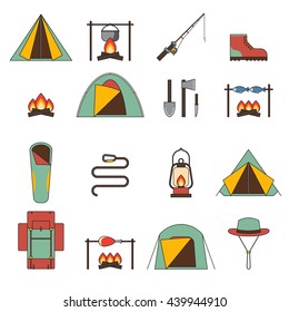 Camping equipment vector icons set. Backpack, tent, knife, lantern, campfire, shoes, hat, rope, fishing rod, sleeping bag