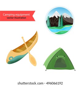 Camping equipment. Vector illustration of a canoe, camping tent and mountain landscape icon isolated on a white background.
