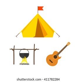 Camping equipment vector set isolated on white background, camping icons flat style, camping tent, campfire cauldron, camp fire cartoon illustration design