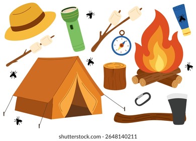 Camping equipment vector set with tent, campfire, flashlight, marshmallows, compass, axe, and forest elements — a ranger hat, tree stump, carabiner, and insects. Perfect for summer camp materials.