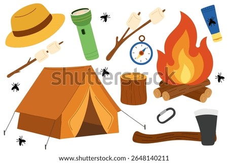 Camping equipment vector set with tent, campfire, flashlight, marshmallows, compass, axe, and forest elements — a ranger hat, tree stump, carabiner, and insects. Perfect for summer camp materials.