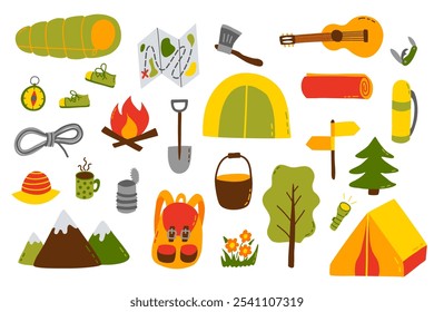 Camping essentials gear and equipment icons for outdoor adventures.