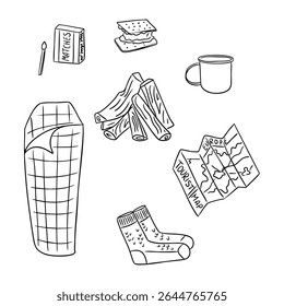 Camping essentials hand drawn in doodle style including sleeping bag, firewood, mug and map. Concept of outdoor adventure, hiking preparation and survival tools