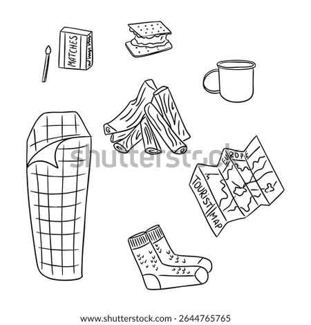 Camping essentials hand drawn in doodle style including sleeping bag, firewood, mug and map. Concept of outdoor adventure, hiking preparation and survival tools