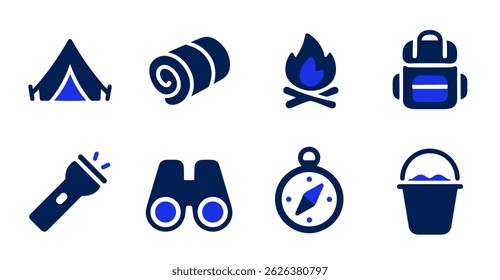 Camping Essentials Icon Set Tent, Sleeping Bag, Fire, Backpack, Flashlight, Binoculars, Compass,