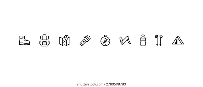 Camping essentials icons: boot, backpack, map, flashlight, compass, knife, water bottle, poles, tent.