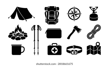 Camping essentials icons featuring tent backpack compass stove fire poles axe rope mug firstaid headlamp map