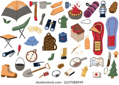Camping Essentials Illustrated Set Featuring Gear and Outdoor Equipment. Illustrated set of camping essentials including tents, tools, cookware, and survival gear. Perfect for outdoor adventure 