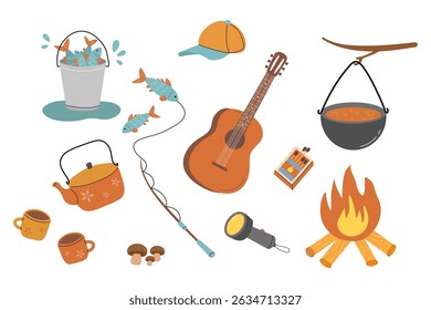 Camping essentials including a guitar, fishing gear, and a cooking setup for a great outdoor experience. Flat style vector illustration.