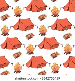 Camping essentials seamless pattern. Vector illustration of tent, matches, and campfire on white background. Perfect for outdoor gear, textiles, and adventure-themed designs. Flat cartoon style.