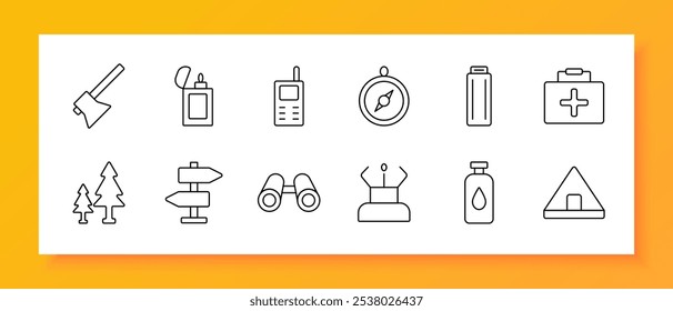 Camping essentials set icon. Axe, lighter, walkie-talkie, compass, water bottle, first aid kit, trees, signpost, binoculars, yoga mat, insect repellent, tent. Icons represent camping equipment