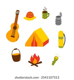 Camping essentials tent guitar campfire thermos and more.