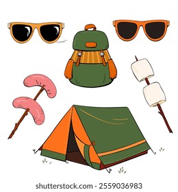 Camping Essentials A tent, some stylish sunglasses, and a variety of tasty snacks. Vector illustration. Tourism