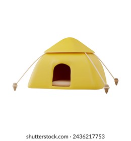 Camping essentials. Vector 3d icon with the image of a yellow dome tent. The logo of hiking equipment for travel and outdoor recreation on a white background.