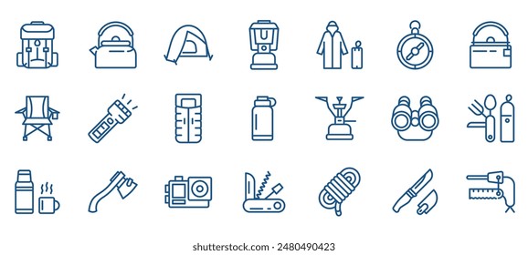 Camping Essentials Vector Icons Set. Illustrations of Gear and Equipment for Camping, Including Backpack, Tent, Lantern, Sleeping Bag. Editable Linear Collection.