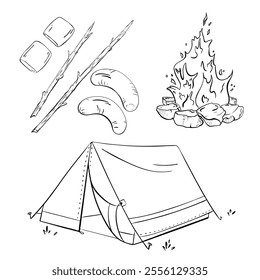 Camping Essentials for Your Adventure Fire, Tent, Food, and More for Enjoyable Experiences. Vector sketch illustration. Tourism