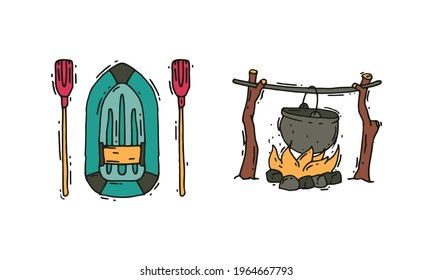 Camping and Expedition Equipment with Boat and Campfire with Boiling Cauldron Vector Set