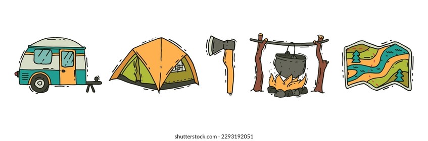 Camping and Expedition with Van, Tent, Axe, Boiling Cauldron and Map Vector Set