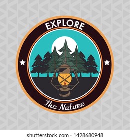 Camping explore summer patch emblem lantern in forest vector illustration graphic design