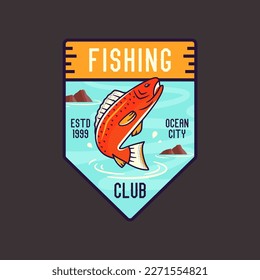 Camping explorer logo badge vector design with fishing scene. Camp badge graphics in retro style. Travel colorful emblem. Stock vector label.