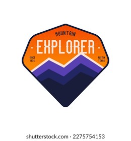 Camping explorer logo badge vector design with mountains. Camp badge graphics in retro style. Travel colorful emblem. Stock vector label isolated