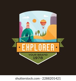 Camping explorer logo badge vector design with nature landscape. Camp badge graphics in retro style. Travel colorful emblem. Stock vector label isolated on dark background