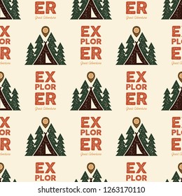 Camping Explorer Pattern Design - Outdoors Adventure seamless background with tent, trees. Distressed style. Nice for camping enthusiasts, for tee, apparel, packaging, other prints. Stock vector.