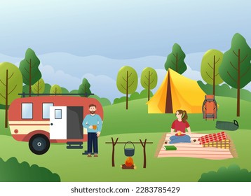Camping is a family holiday. The couple is traveling. Vector landscape drawing. Motor home, tent and bonfire, touristic leisure items. For books and brochures, covers, web pages and social networks