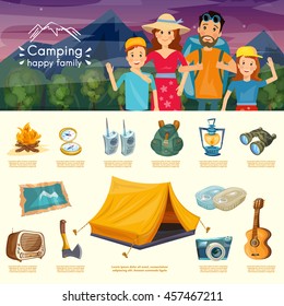 Camping family infographics cartoon hiking and outdoor recreation vector 