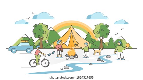 Camping family with kids outdoors with fireplace and shelter outline concept. Parents quality time together with children in nature with tents, sport activities and picnic vector illustration scene.