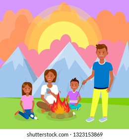 Camping with Family in Mountains Vector Drawing. Trekking, Hiking. Vacation, Holidays. Dark Skin Parents, Children Cartoon Characters. Picnic in Forest Flat Drawing. Marshmallows on Sticks