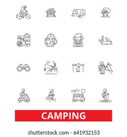 Camping, family travel, activity, hiking, camper, adventure, tourism, vacation line icons. Editable strokes. Flat design vector illustration symbol concept. Linear signs isolated on white background