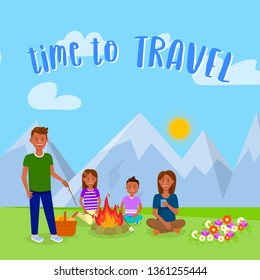 Camping with Family Vector Postcard with Text. Time to Travel Lettering. Vacation, Holidays. Dark Skin Parents, Children Vector Characters. Picnic in Forest Vector Drawing. Outdoor Activity