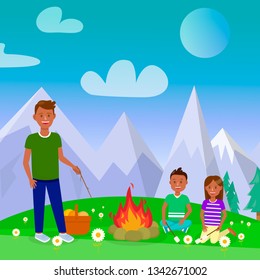 Camping with Family Vector Square Poster, Postcard. People Sitting around Bonfire Flat Illustration. Summer Holidays. Father with Son and Daughter Cartoon Characters. Mountain Landscape