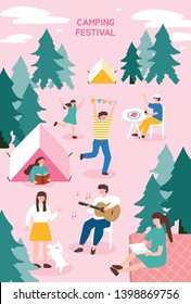 Camping Festival. Poster Template For Outdoor Festival. Flat Cartoon Colorful Vector Illustration.