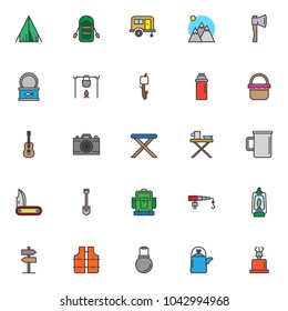 Camping filled outline icons set, line vector symbol collection, linear colorful pictogram pack. Signs, logo illustration, Set includes icons as inflatable boat with oars, camping trailer, thermos