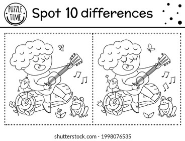 Camping find differences game for children. Black and white educational activity and coloring page with boy sitting on a log and playing guitar. Summer camp or road trip printable worksheet