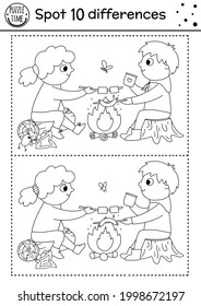 Camping find differences game for children. Black and white educational activity and coloring page with children sitting in front of the fire. Summer camp or road trip printable worksheet