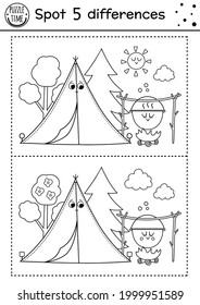 Camping find differences game for children. Black and white activity and coloring page with cute smiling kawaii tent, sun, boiler. Summer camp or road trip printable worksheet with funny nature scene
