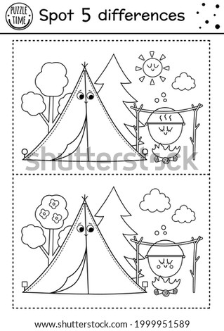 Camping find differences game for children. Black and white activity and coloring page with cute smiling kawaii tent, sun, boiler. Summer camp or road trip printable worksheet with funny nature scene