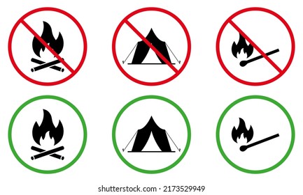 Camping Fire Allowed Zone Black Silhouette Icon Set. Forbidden Campfire Pictogram. Flame Stop Circle Symbol. Safety Leisure Area Green Sign. Prohibit Matchstick Bonfire. Isolated Vector Illustration.