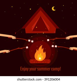 Camping fire background flat illustration. Camping fire background vector symbols. Vector illustration of night campfire, tent, marshmallow. Campfire background for summer camp designs 