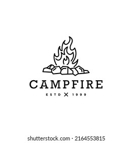 camping fire logo design, hot campfire logs on outline line style vector illustration. Vintage simple line of camping flame for party poster and banner