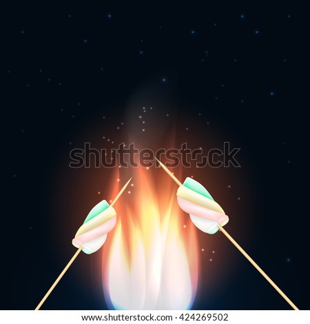  Camping fire with marshmallow on stick.Camping background.